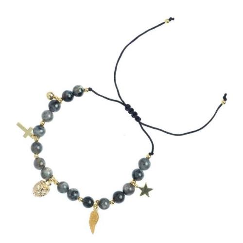 Stone Bead Bracelet 6 MM W/Charms - Dark Grey W/Gold