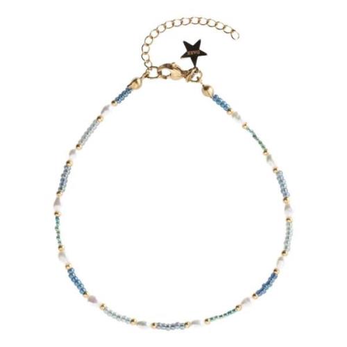 Glass Bead Anklet W/Pearls Blue Ocean