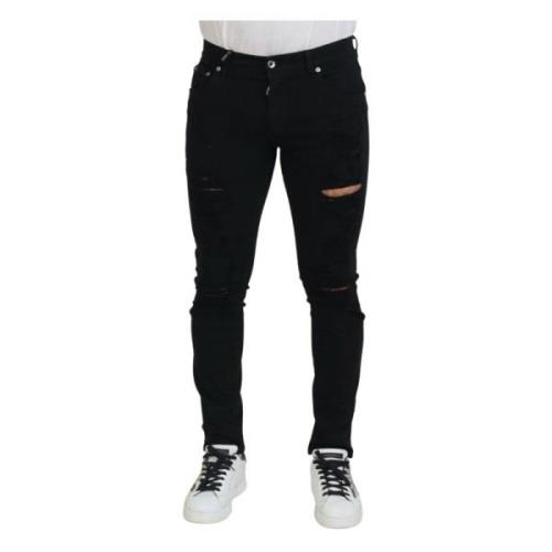 Sort Slim Fit Ripped Denim Bomull Jeans