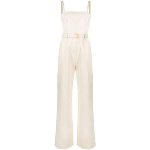 Beige Denim Jumpsuit med stropløs halsutringning og vide ben