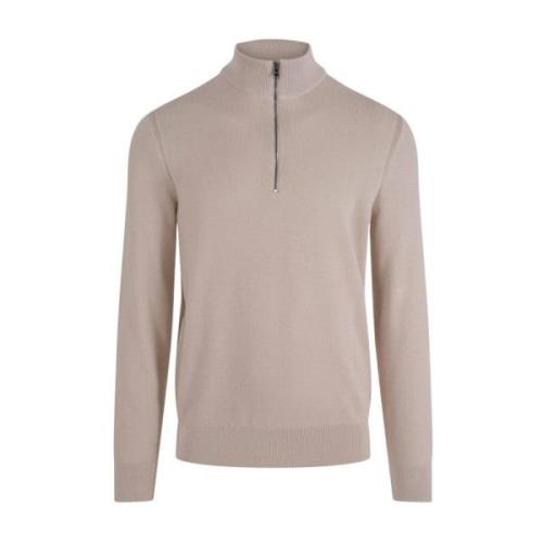 Beige Zip-Neck Sweater Micro-Structured Cotton