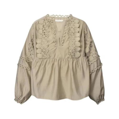 Beige Bluse med Blonde Detaljer