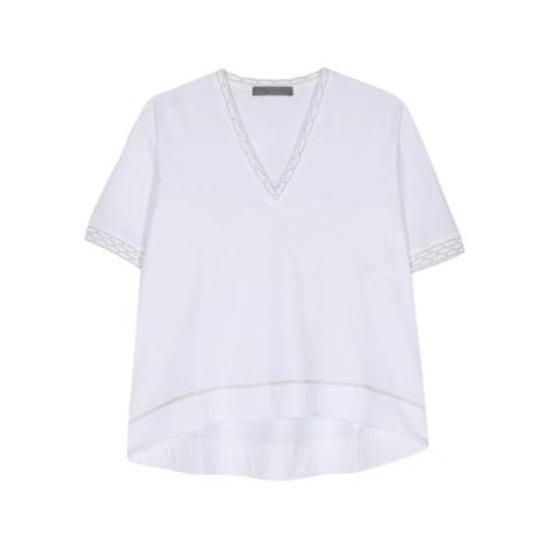 Hvit V-Hals Lurex Trim T-Skjorte