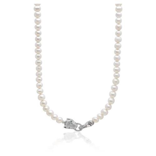 White Pearl Necklace with Silver Panther Head Lock