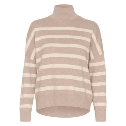 Stripete Turtleneck Pullover - Sandgrå