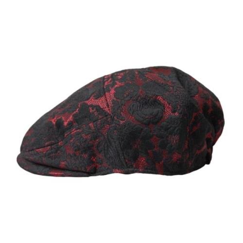 Svart Rød Blomstret Jacquard Newsboy Cap