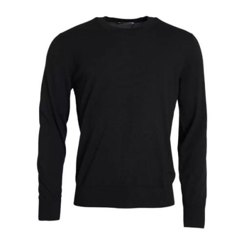 Svart Ull Strikket Crew Neck Genser