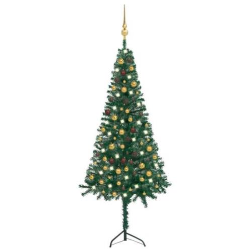 vidaXL Kunstig hjørnejuletre med LED og kulesett grønn 210 cm PVC