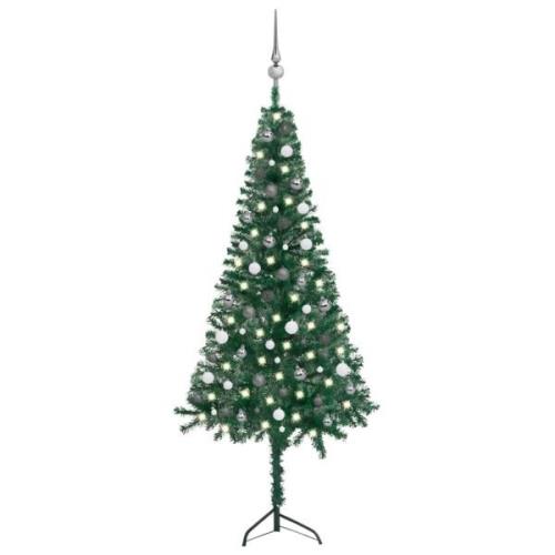 vidaXL Kunstig hjørnejuletre med LED og kulesett grønn 210 cm PVC