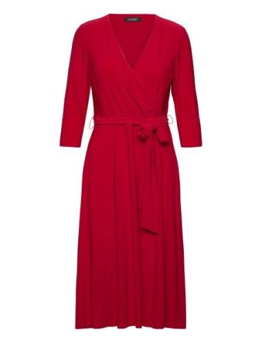 Surplice Jersey Dress Knelang Kjole Red Lauren Ralph Lauren