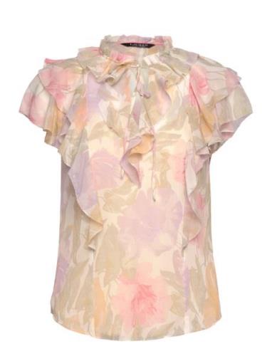 Floral Ruffle-Trim Georgette Blouse Tops Blouses Short-sleeved Pink La...