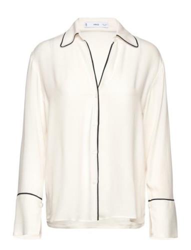 Contrast Trim Shirt Tops Blouses Long-sleeved Beige Mango