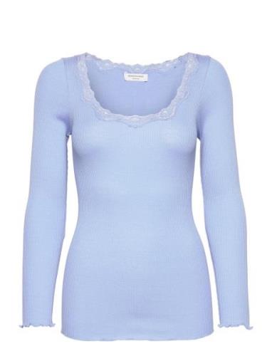 Silk T-Shirt W/ Lace Tops T-shirts & Tops Long-sleeved Blue Rosemunde