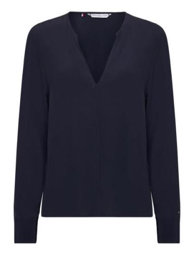 Viscose Crepe V-Neck Blouse Tops Blouses Long-sleeved Navy Tommy Hilfi...