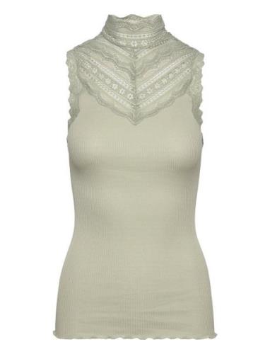 Silk Top W/ Lace Tops T-shirts & Tops Sleeveless Khaki Green Rosemunde