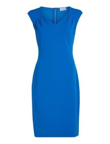 Scuba Crepe V Neck Drape Dress Knelang Kjole Blue Calvin Klein