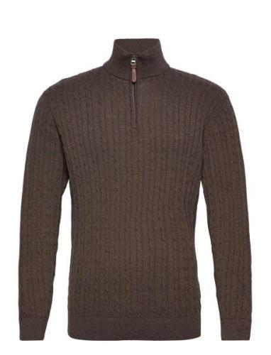 1/2 Zip Cable Knit Tops Knitwear Half Zip Jumpers Brown Lindbergh