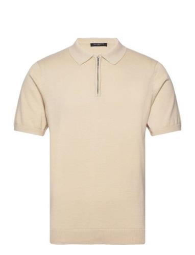 Zip Neck Ss Polo Tops Knitwear Short Sleeve Knitted Polos Beige French...