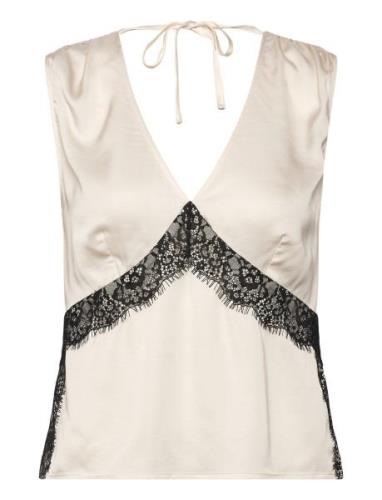 Ennis Satin Lace Top Tops Blouses Sleeveless Cream French Connection