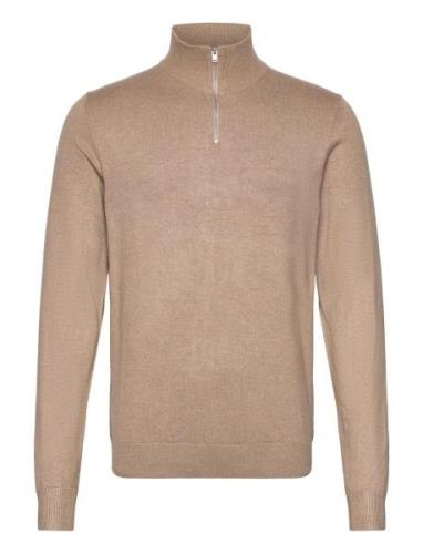 Ecovero Half Zip L/S Knit Tops Knitwear Half Zip Jumpers Beige Lindber...