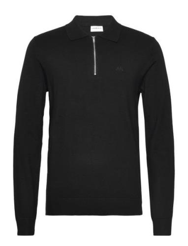 Ecovero L/S Zip Polo Tops Knitwear Long Sleeve Knitted Polos Black Lin...