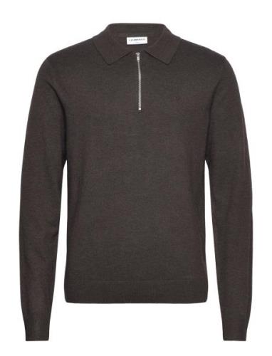 Ecovero L/S Zip Polo Tops Knitwear Long Sleeve Knitted Polos Brown Lin...