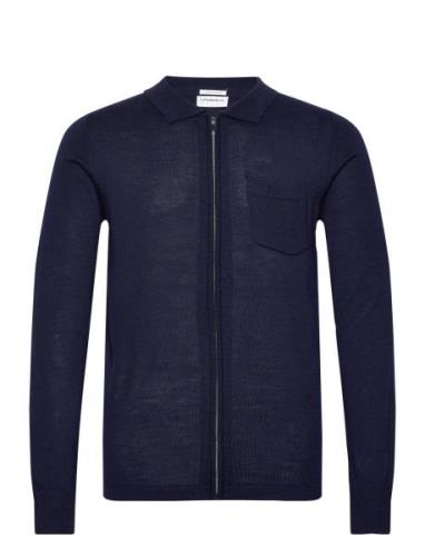 Merino Polo Collar Zip Cardigan Tops Knitwear Full Zip Jumpers Navy Li...