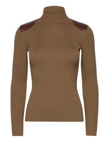 Faux-Leather-Trim Ribbed Turtleneck Tops Knitwear Turtleneck Brown Lau...