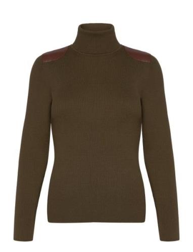 Faux-Leather-Trim Ribbed Turtleneck Tops Knitwear Turtleneck Khaki Gre...