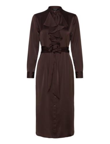 Ruffle-Trim Satin Charmeuse Shirtdress Knelang Kjole Brown Lauren Ralp...